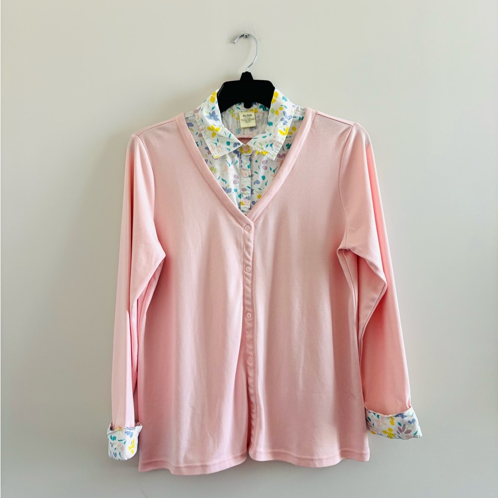 VTG Blair Cardigan Top Collared 2fer Light Pink Floral Large Teacher Grandmacore